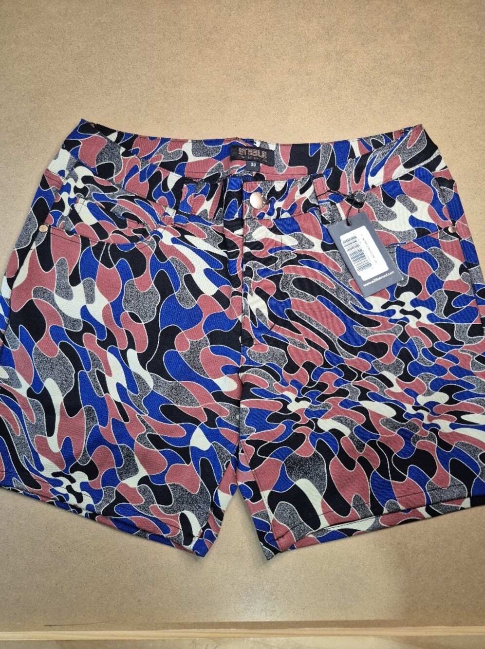 Men's Flat Front Shorts in Blue, Pink & Black Abstract Print
